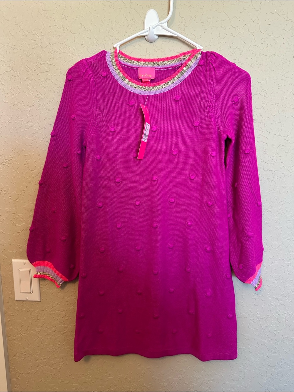 Lilly Pulitzer Hot Pink Pom-Pom Knit Dress with Metallic Trim